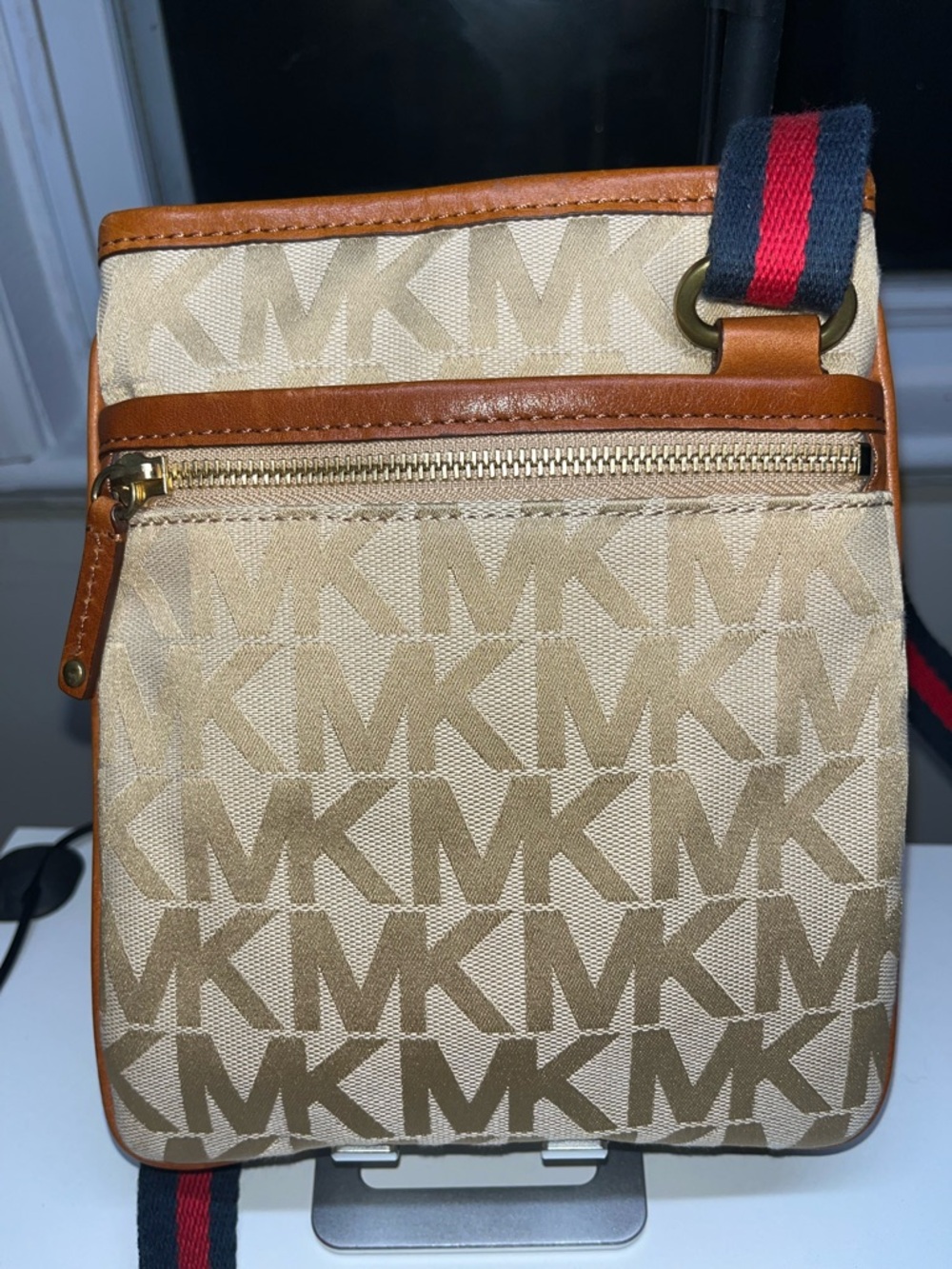 Michael Kors Beige MK Monogram Crossbody with Brown Trim and Black-Red Strap - Picture 2 of 9